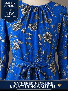 Maggy London Petite Royal Blue Floral Ruffle Hem Dress NWT